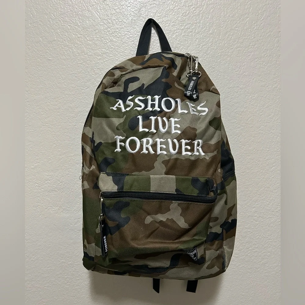Assholes Live Forever Camo Backpack – NWOT, Embroidered Streetwear Graphic Bag